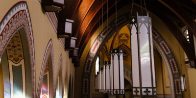 inside of church with arched wood ceiling